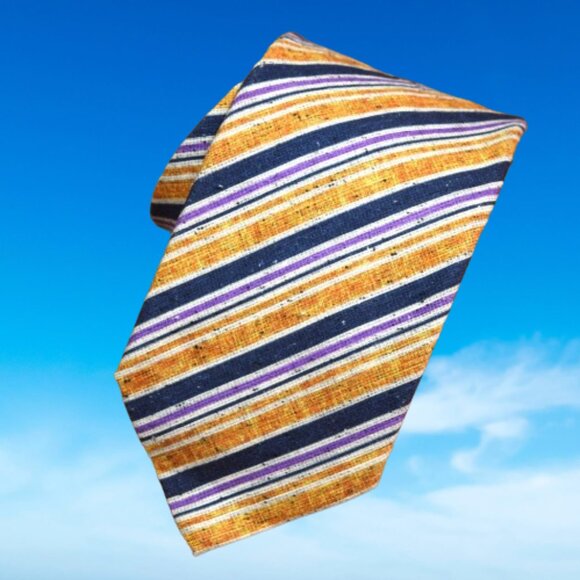 $570 ITALO FERRETTI Navy Blue Striped Handmade Silk Linen Neck Tie Italy XL - Picture 1 of 16